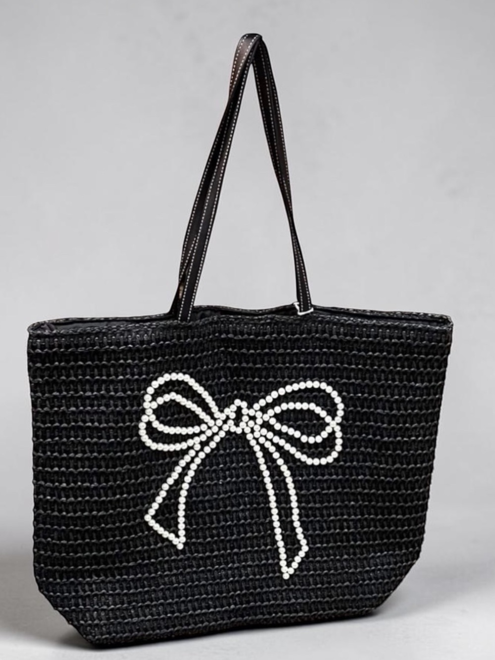 Black Woven Tote Beach / Pool Bag with Pearl Bow Accent - Picture 2 of 6